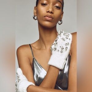 NWT new Anthropologie embellished cozy deco mittens gloves white rhinestones